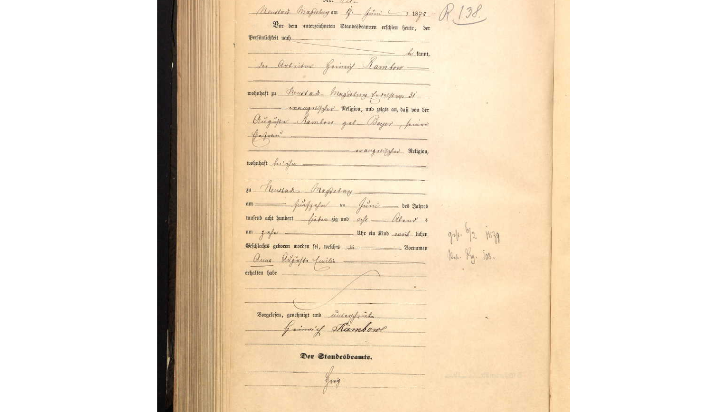 Geburtsregister Anna Auguste Emilie Rambow