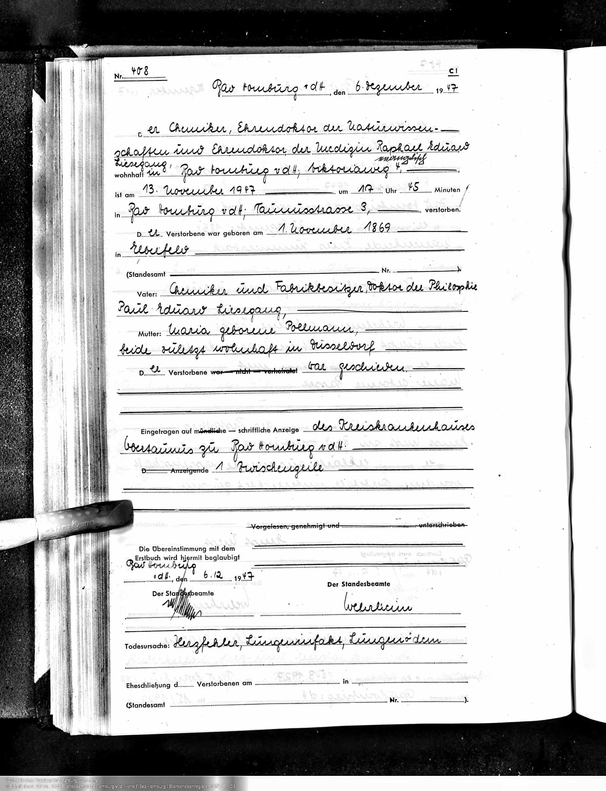 Sterbeeintrag Raphael Liesegang +1947