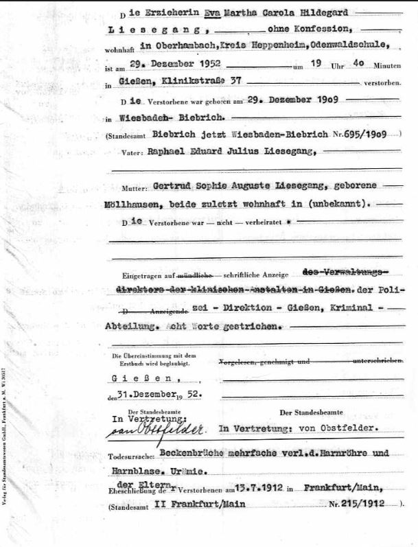 Sterbeurkunde der Eva Liesegang +29.12.1952