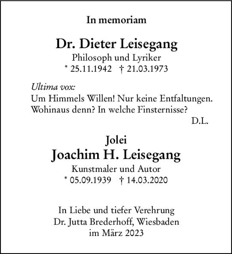 Nachruf für Dr. phil. Dieter Leisegang und Bruder Joachim Leisegang